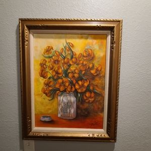 Oil Painting signed Orange Lillies in Ball jar vase framed still life